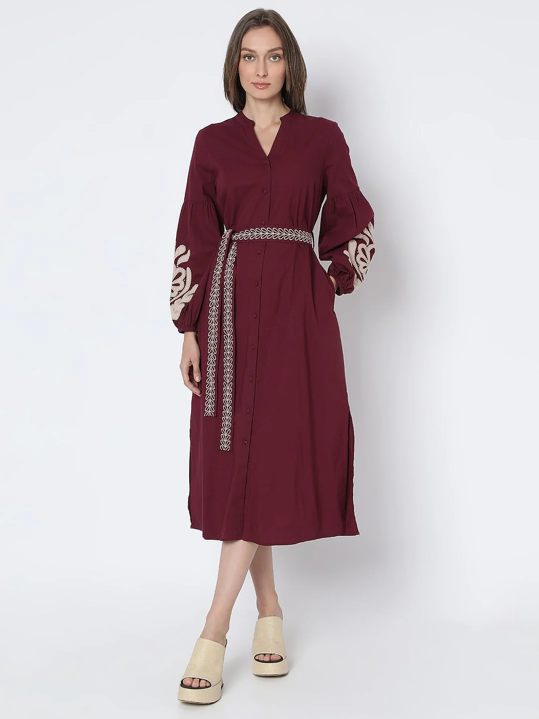 Wine Embroidered Midi Dress - Image 2