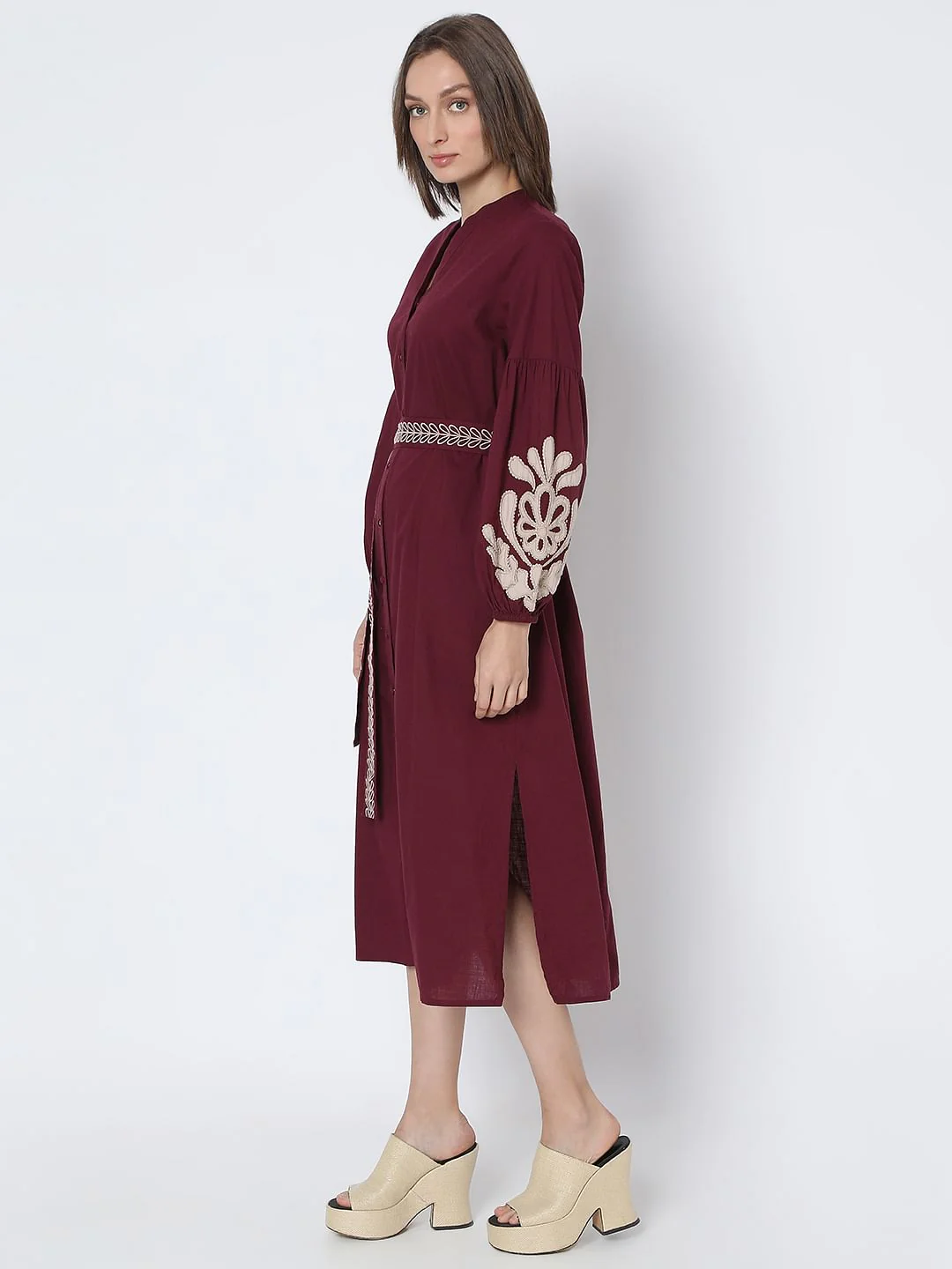 Wine Embroidered Midi Dress - Image 3