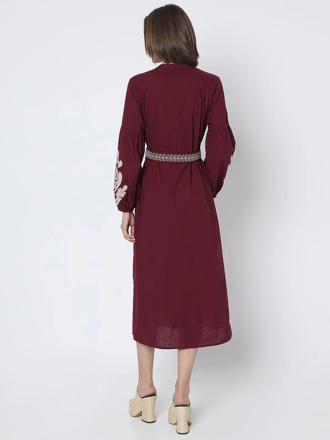 Wine Embroidered Midi Dress - Image 4