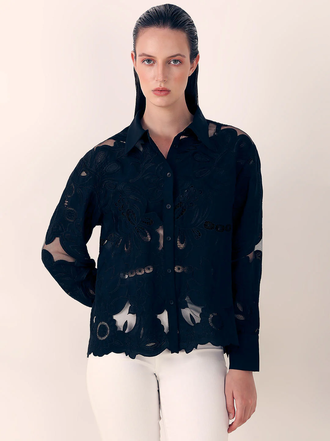 Black Embroidered Cutwork Shirt - Image 2