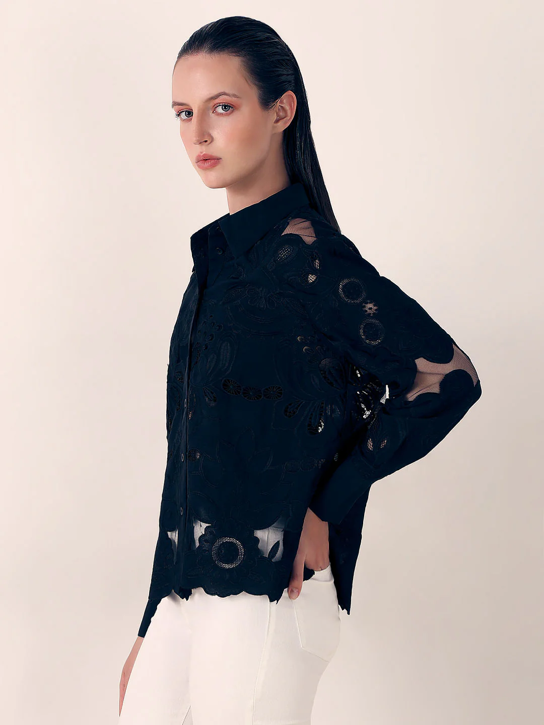 Black Embroidered Cutwork Shirt - Image 3