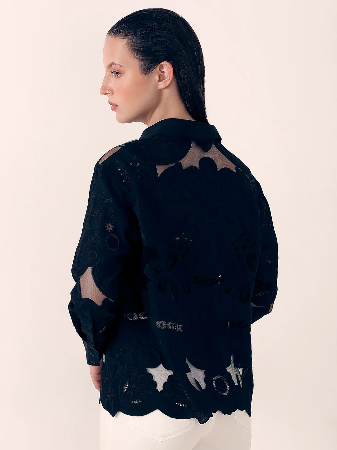 Black Embroidered Cutwork Shirt - Image 4