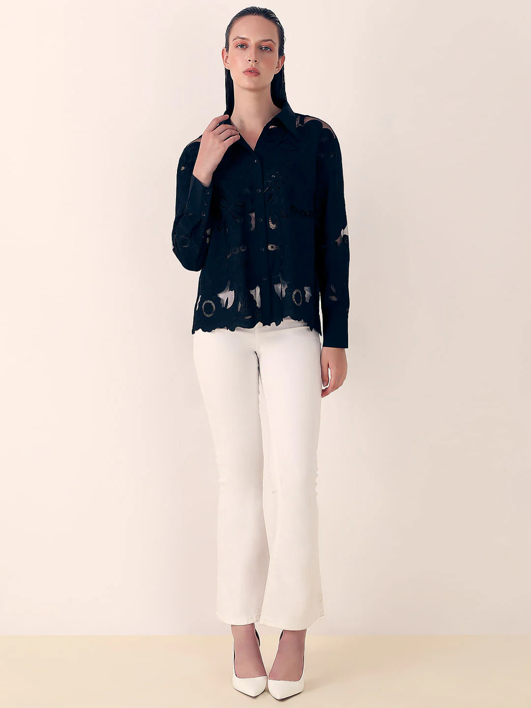 Black Embroidered Cutwork Shirt - Image 5