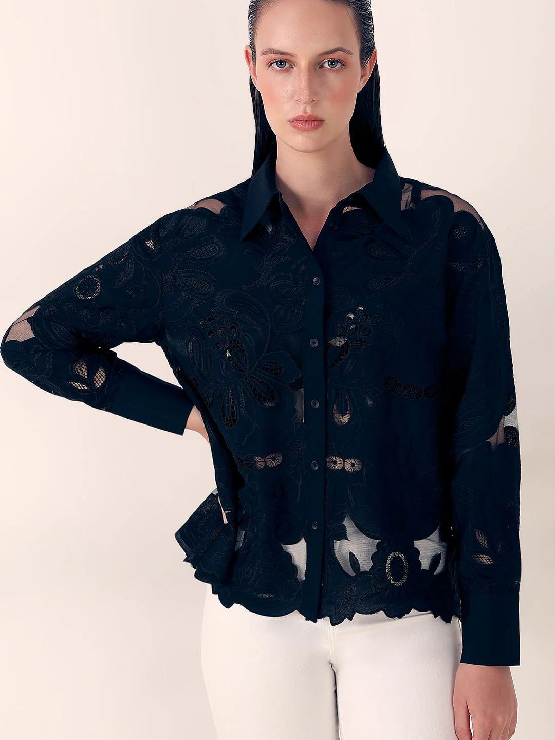 Black Embroidered Cutwork Shirt - Image 6