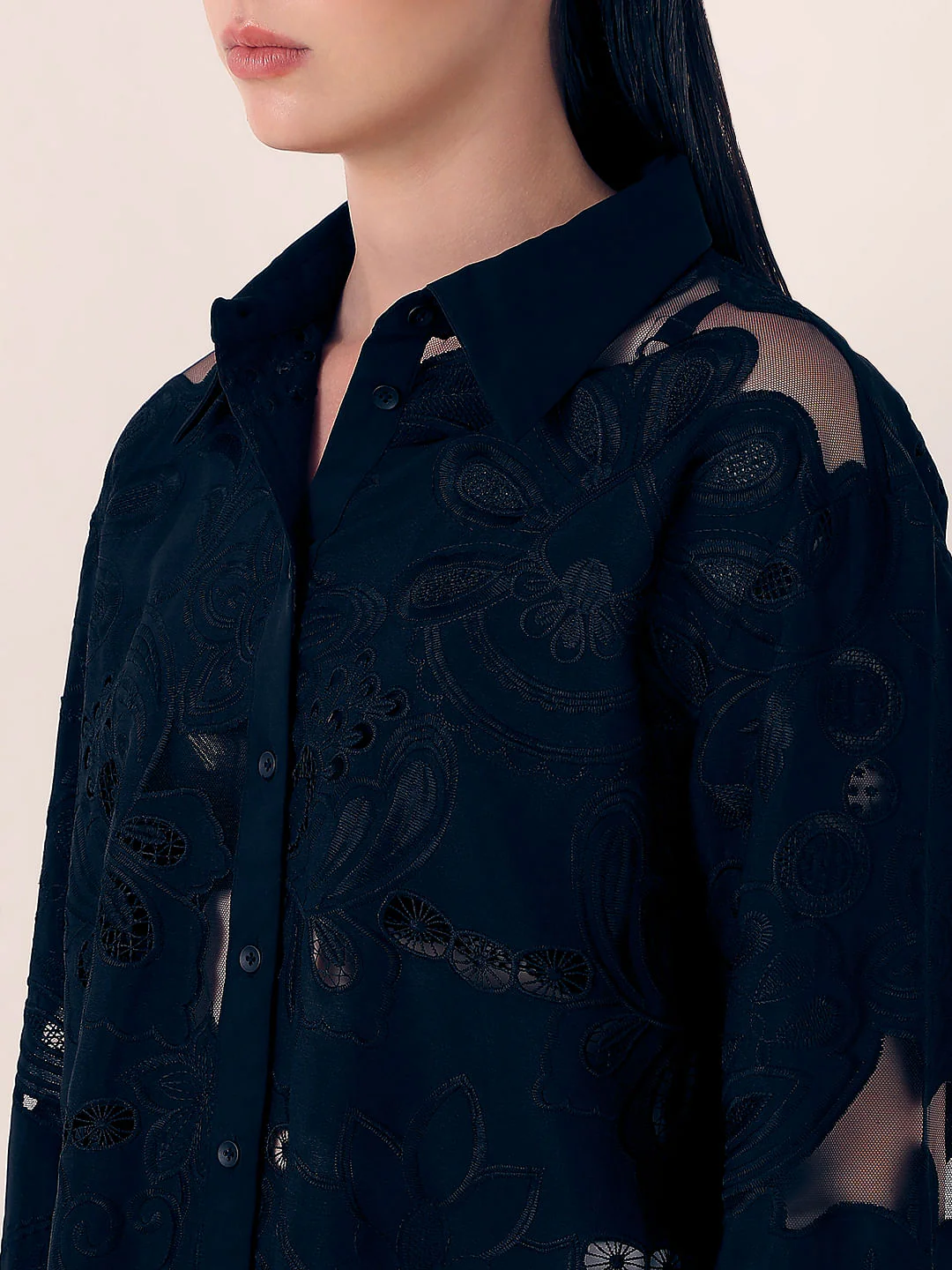 Black Embroidered Cutwork Shirt - Image 7