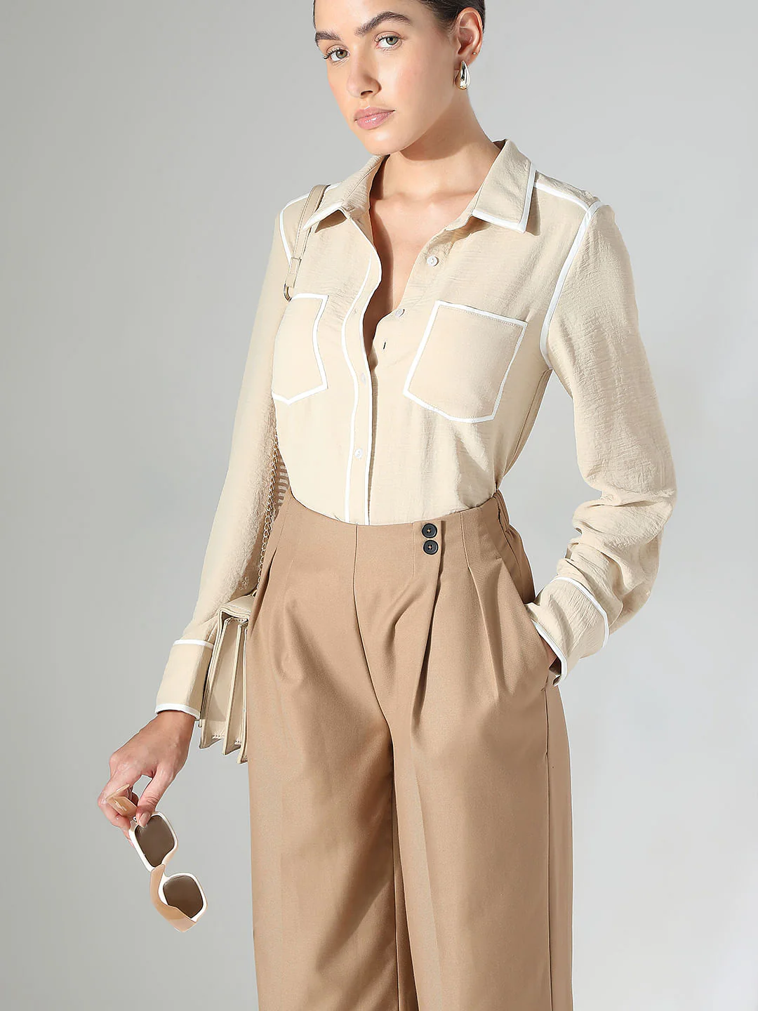Beige Contrast Trim Shirt
