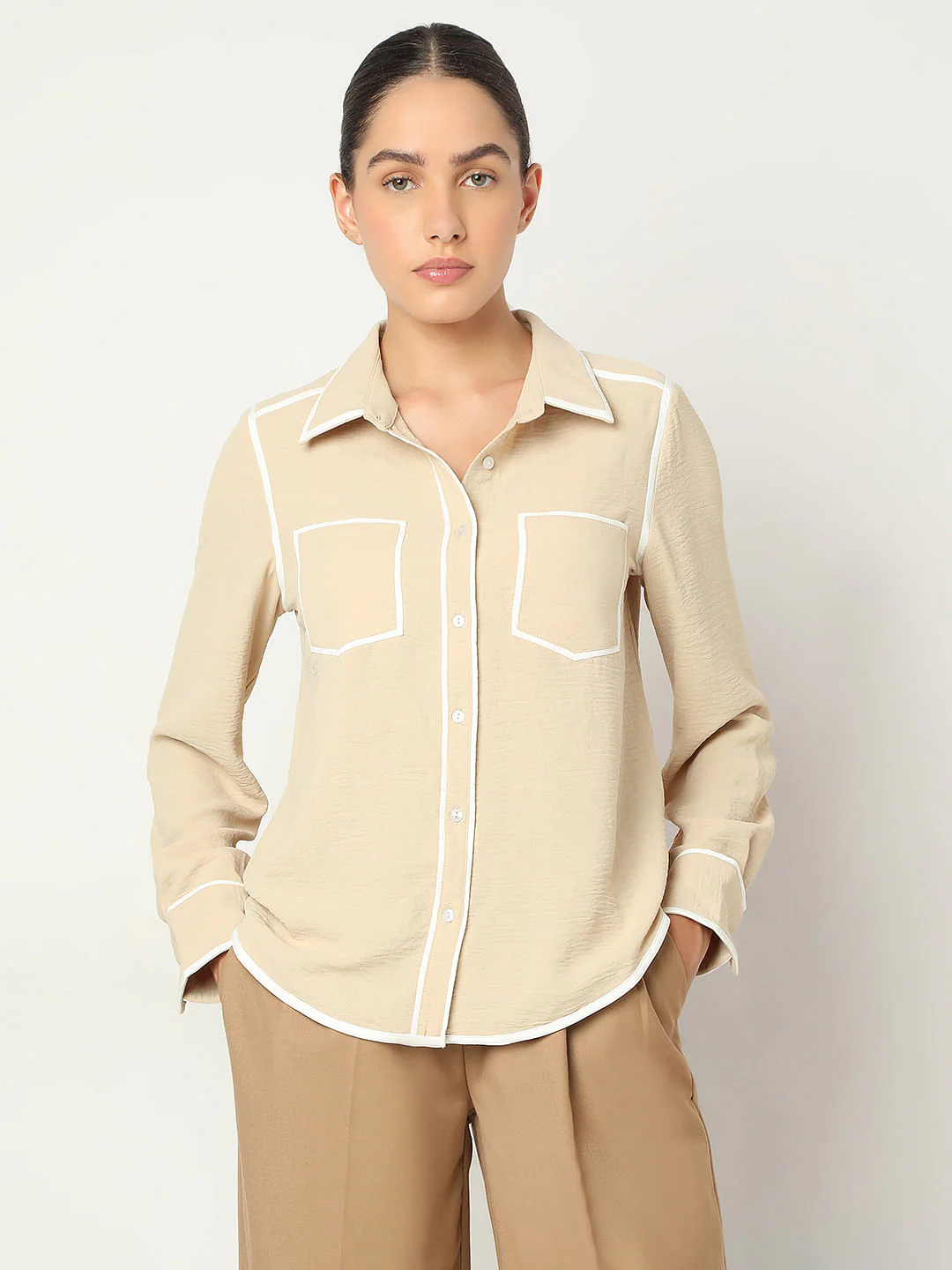 Beige Contrast Trim Shirt - Image 2
