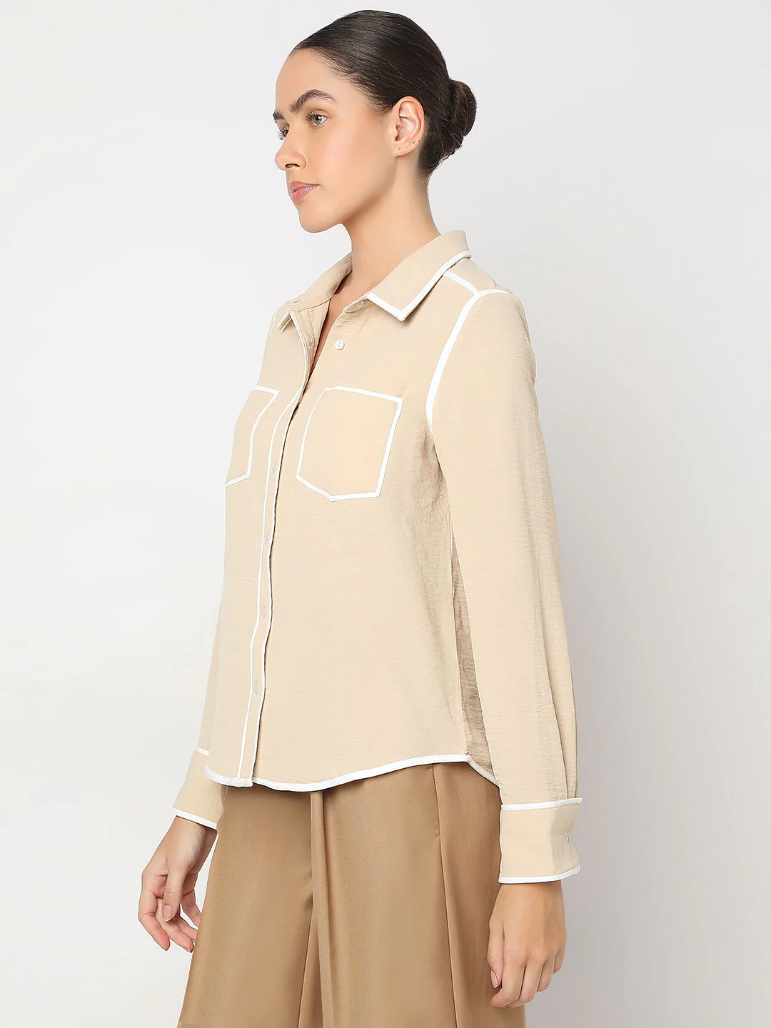 Beige Contrast Trim Shirt - Image 3