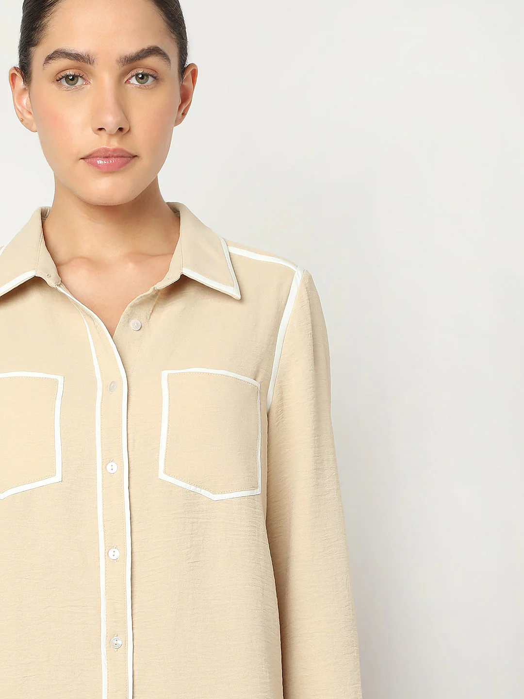 Beige Contrast Trim Shirt - Image 6