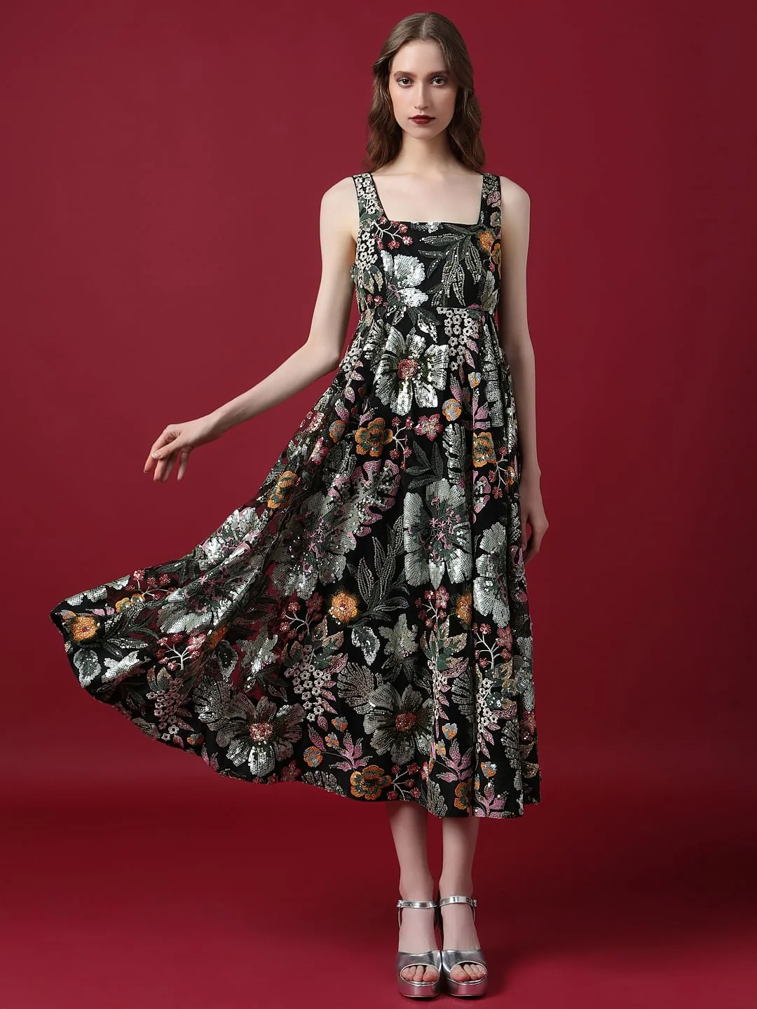 Marquee Black Embroidered Sequined Midi Dress - Image 2