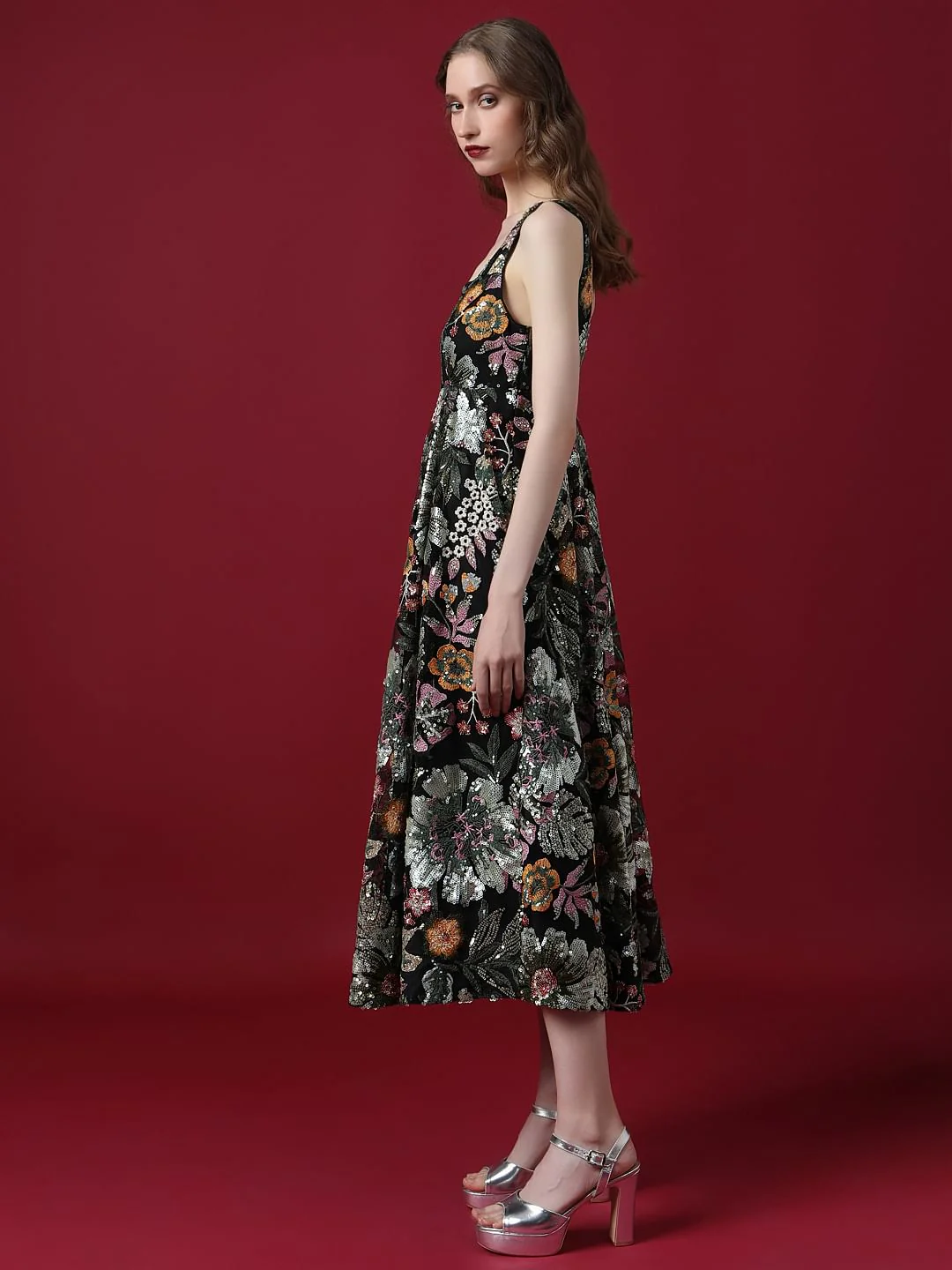 Marquee Black Embroidered Sequined Midi Dress - Image 3