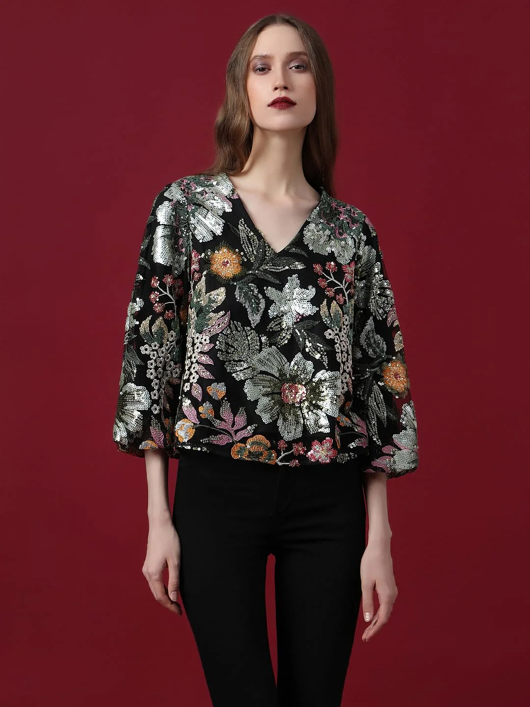 Marquee Black Embroidered Sequined Top - Image 2