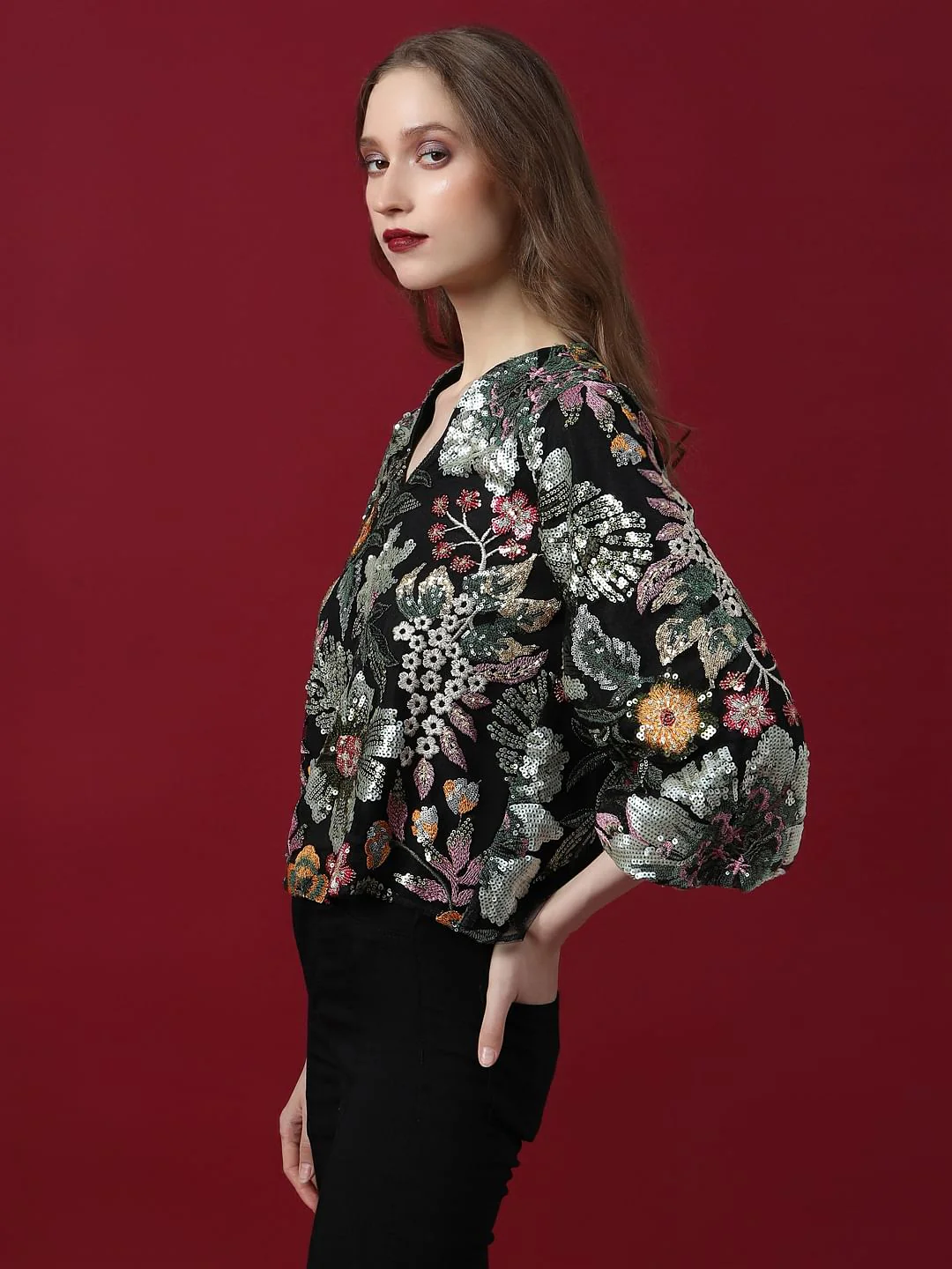 Marquee Black Embroidered Sequined Top - Image 3