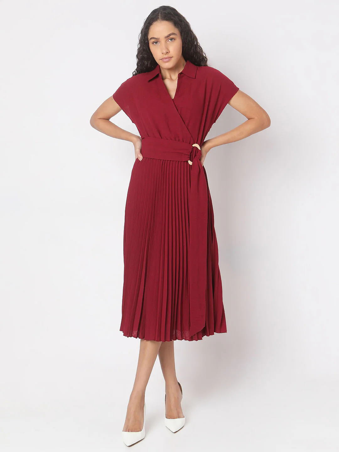 Red Pleated Midi Dress - Image 2