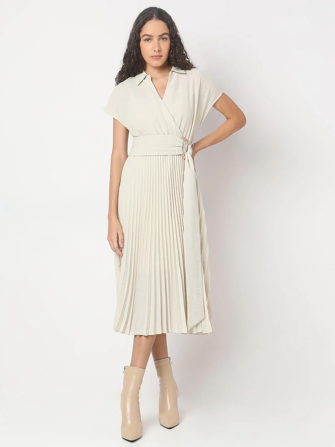 Ecru Pleated Midi Dress - Image 2