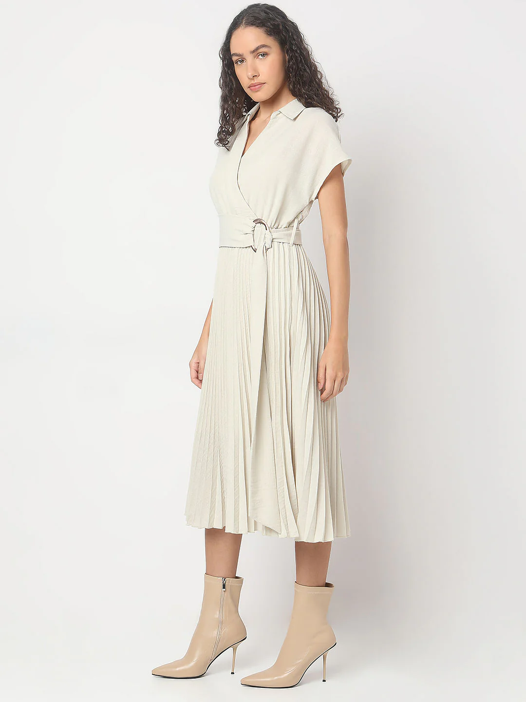 Ecru Pleated Midi Dress - Image 3