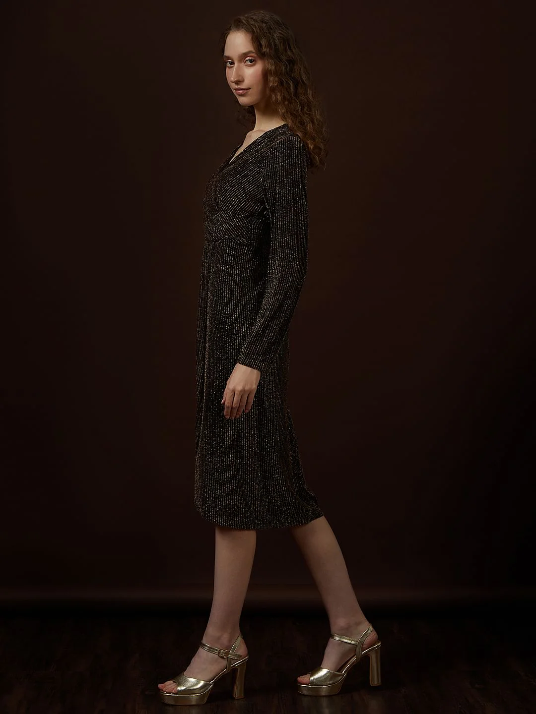 Black With Golden Wrap Detail Dress - Image 3
