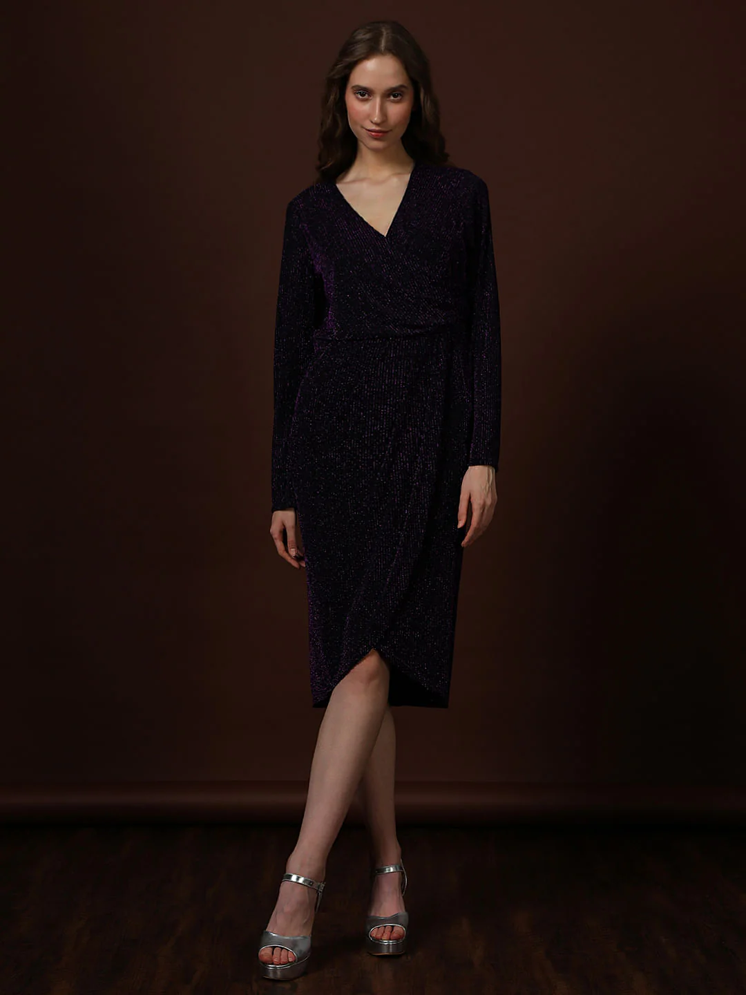 Plum Shimmer Wrap Midi Dress - Image 2