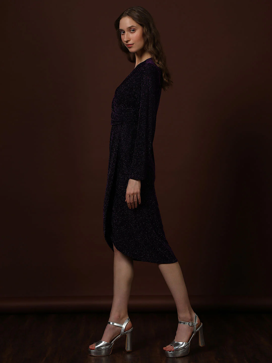 Plum Shimmer Wrap Midi Dress - Image 3