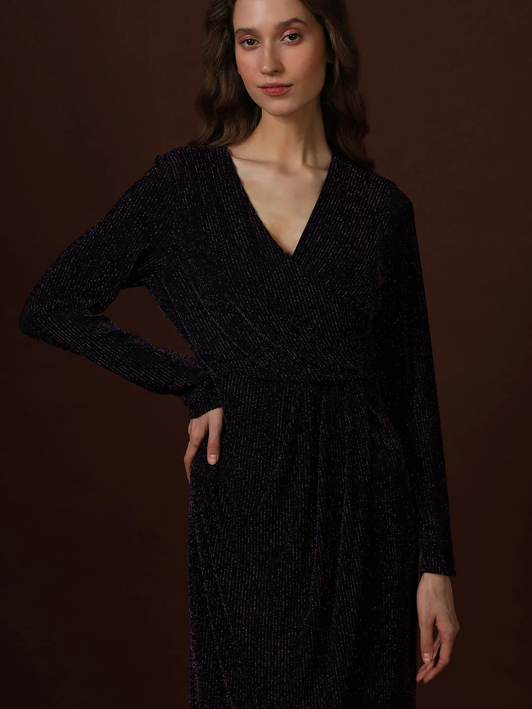 Plum Shimmer Wrap Midi Dress - Image 5