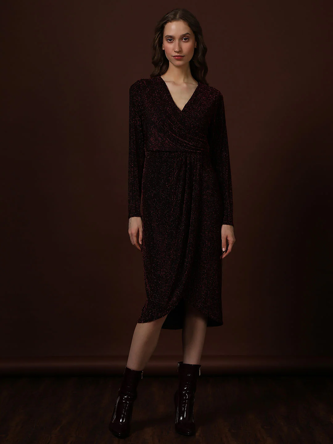 Maroon Shimmer Wrap Midi Dress - Image 2