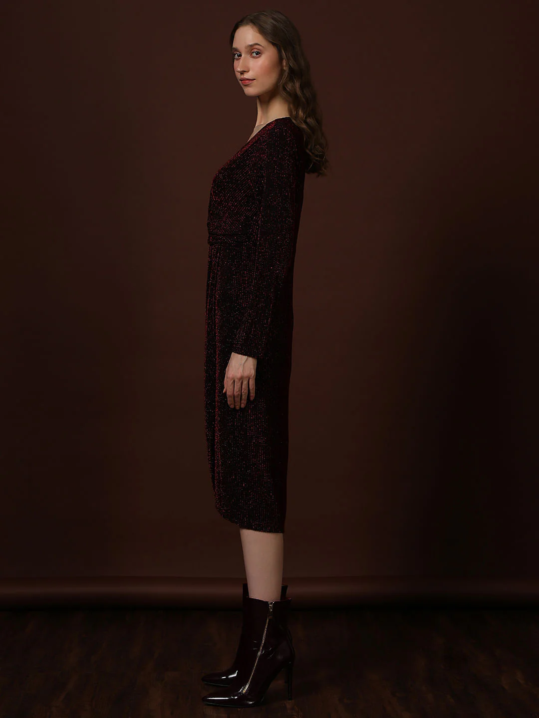 Maroon Shimmer Wrap Midi Dress - Image 3