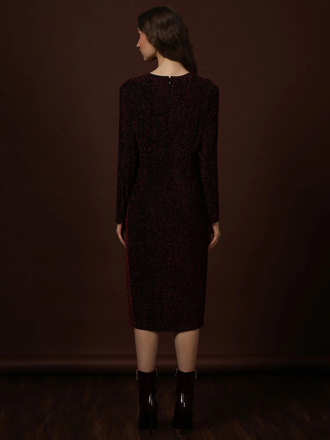 Maroon Shimmer Wrap Midi Dress - Image 4