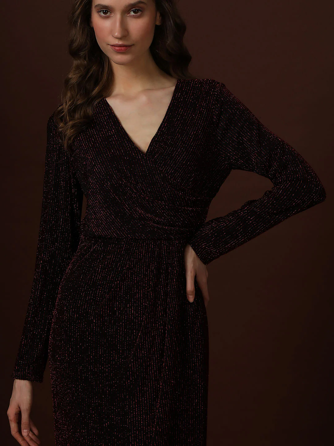 Maroon Shimmer Wrap Midi Dress - Image 5