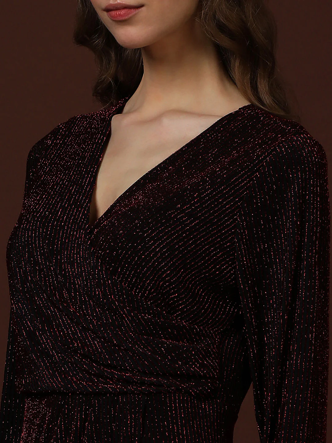 Maroon Shimmer Wrap Midi Dress - Image 6