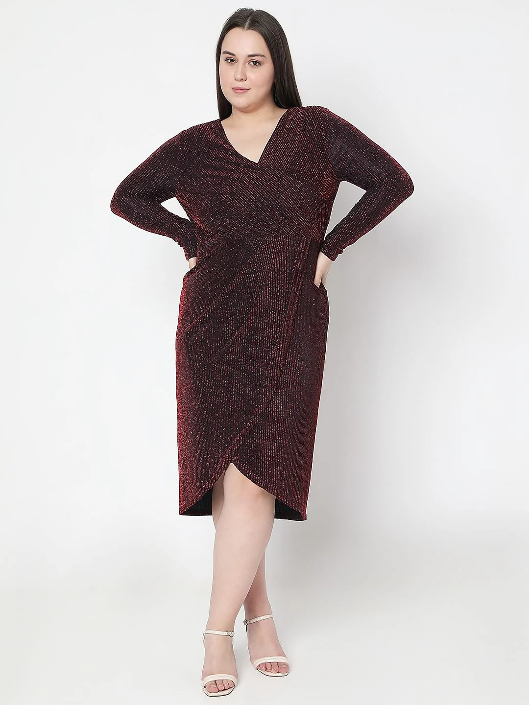 Curve Maroon Shimmer Wrap Dress - Image 2