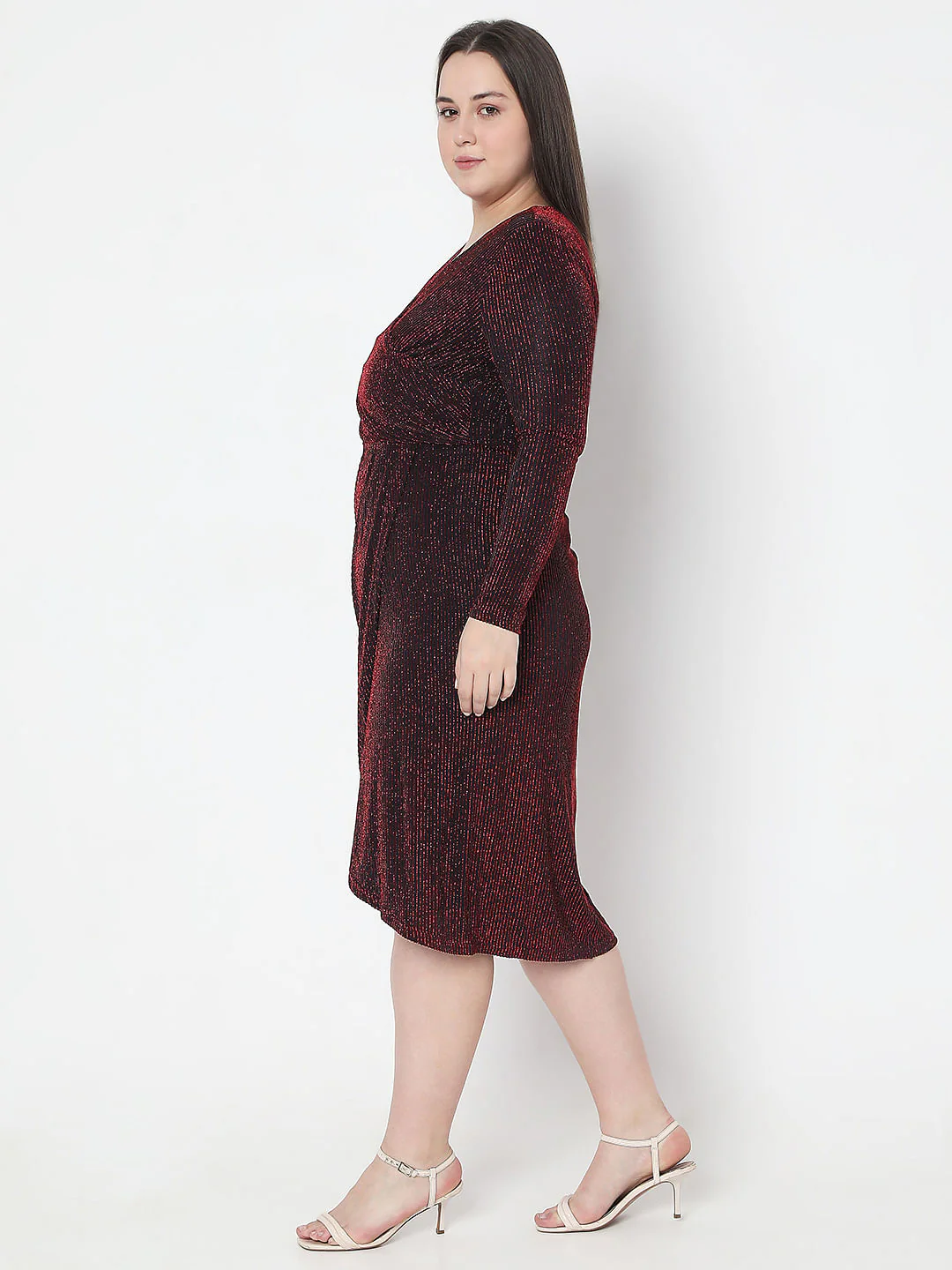 Curve Maroon Shimmer Wrap Dress - Image 3
