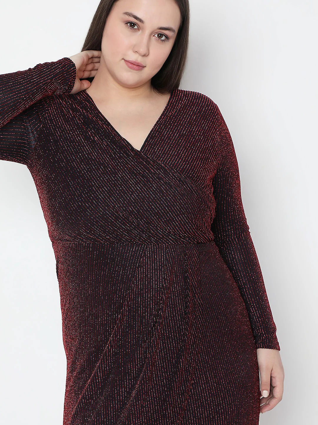 Curve Maroon Shimmer Wrap Dress - Image 5