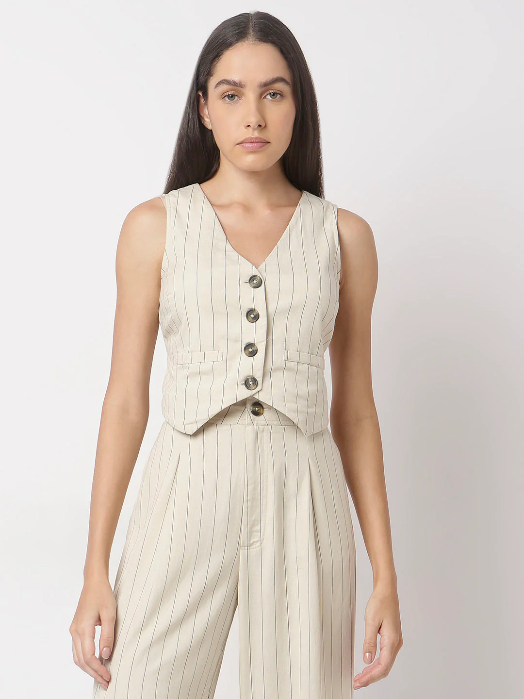 Beige Stripes Linen Waistcoat - Image 2