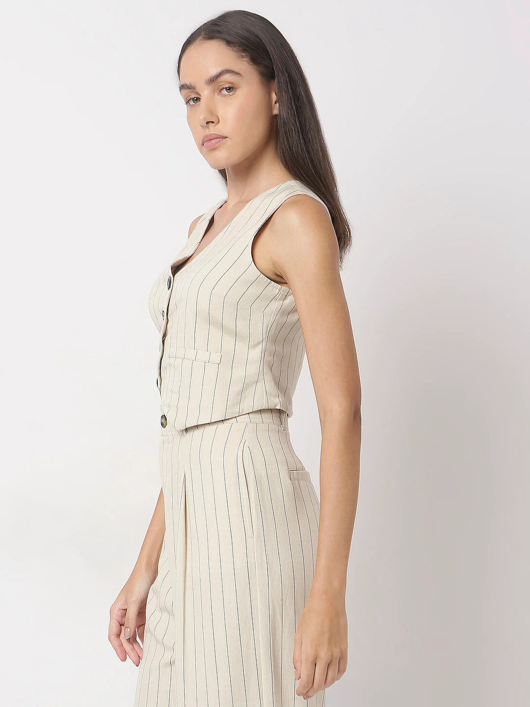 Beige Stripes Linen Waistcoat - Image 3