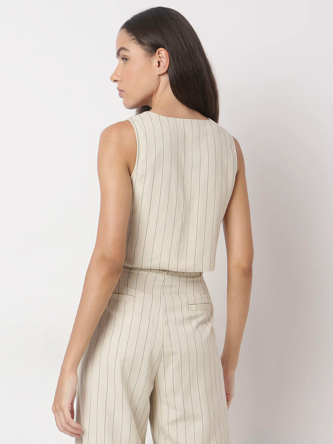 Beige Stripes Linen Waistcoat - Image 4