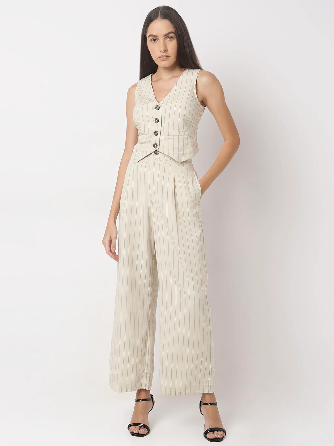 Beige Stripes Linen Waistcoat - Image 5
