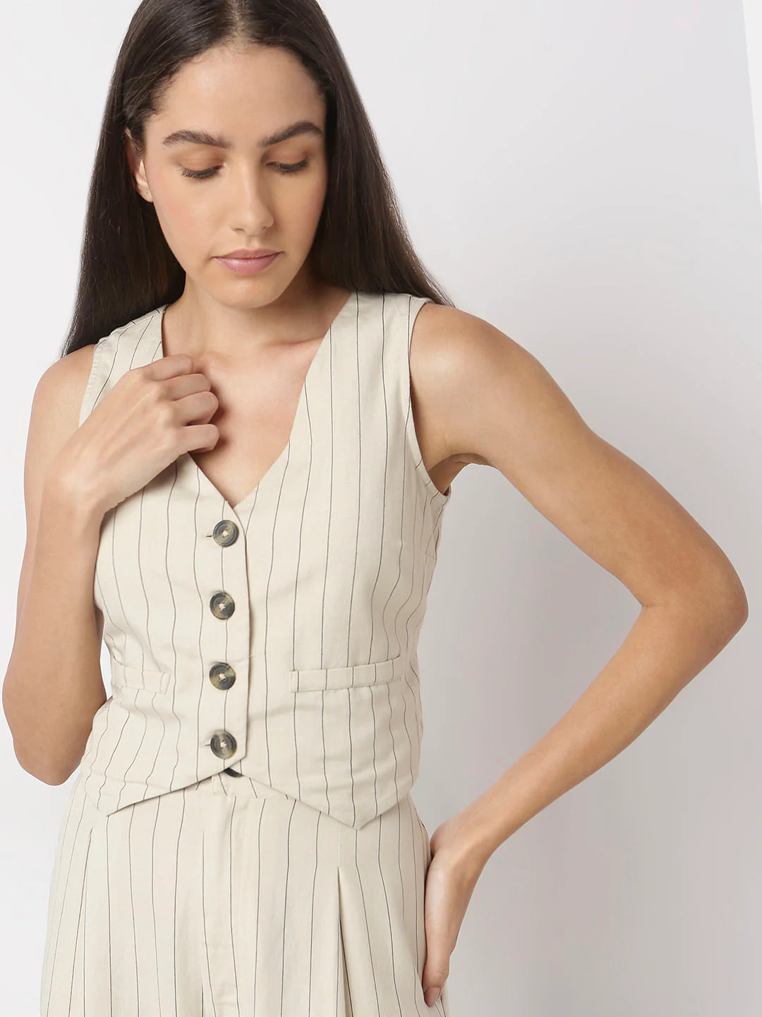 Beige Stripes Linen Waistcoat - Image 6