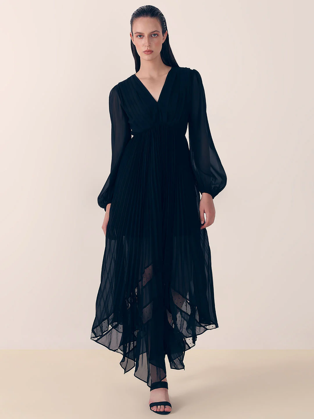 Black Asymmetric Pleated Dress - Image 2