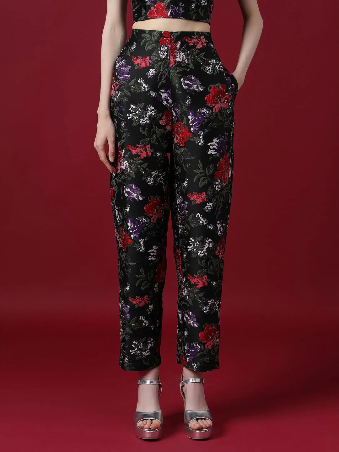 Marquee Black Floral Jacquard Co-Ord Set Pants - Image 2