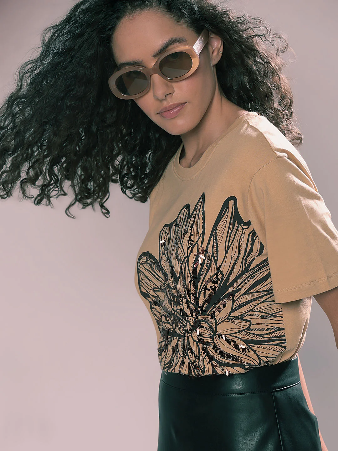 Beige Sequined Printed T-Shirt