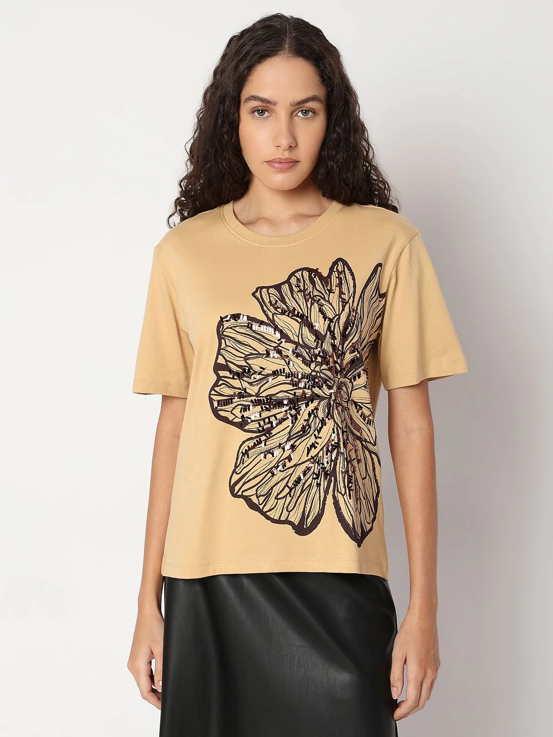 Beige Sequined Printed T-Shirt - Image 2