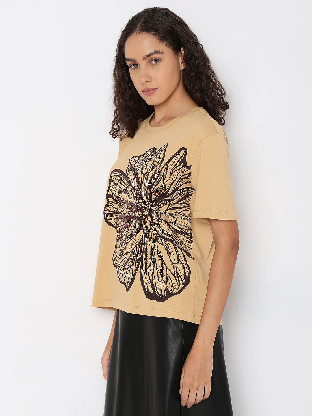 Beige Sequined Printed T-Shirt - Image 3