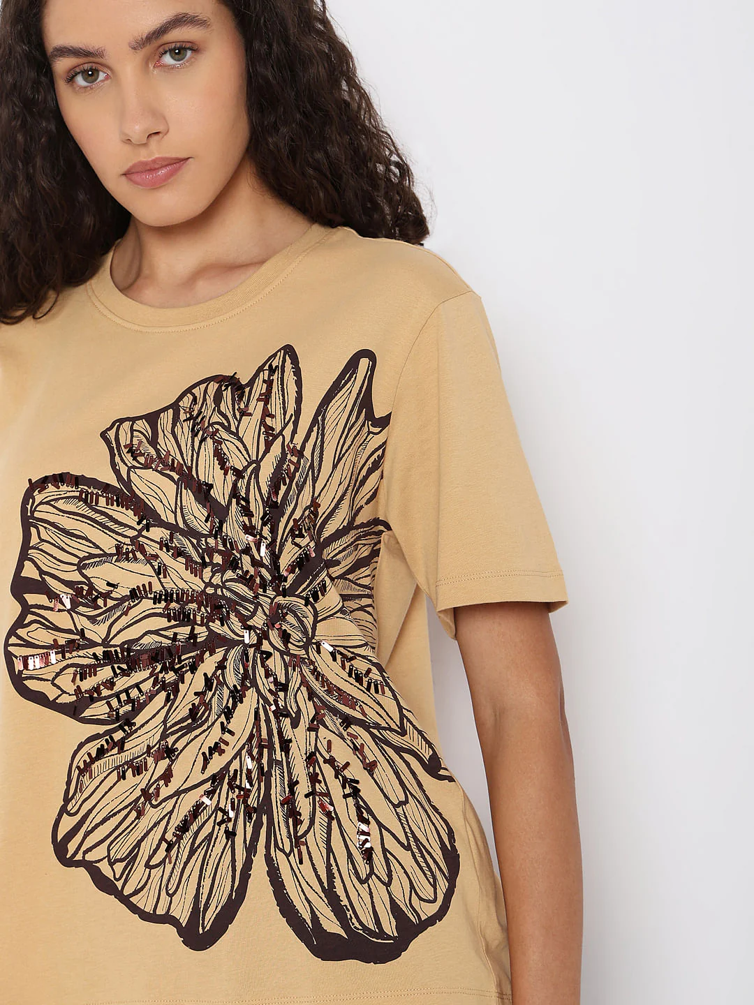 Beige Sequined Printed T-Shirt - Image 6