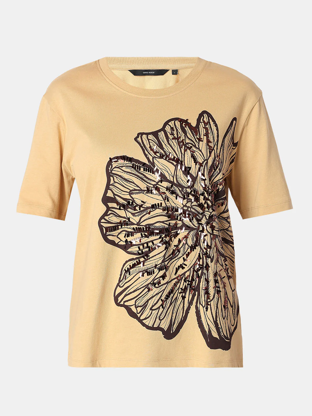 Beige Sequined Printed T-Shirt - Image 7