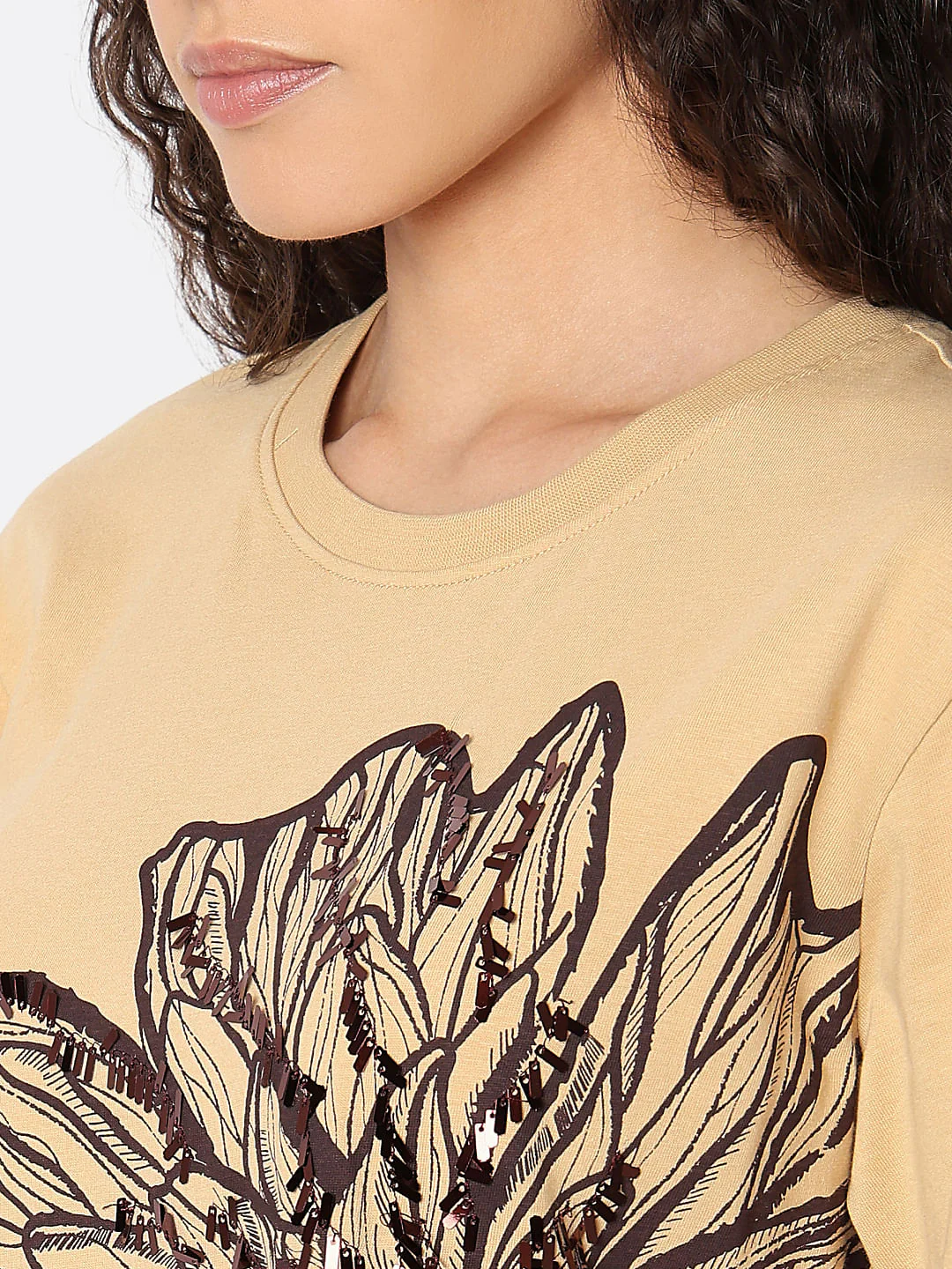 Beige Sequined Printed T-Shirt - Image 8