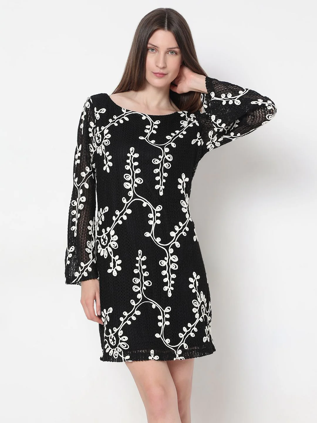 Black Embroidered Mini Shift Dress - Image 2