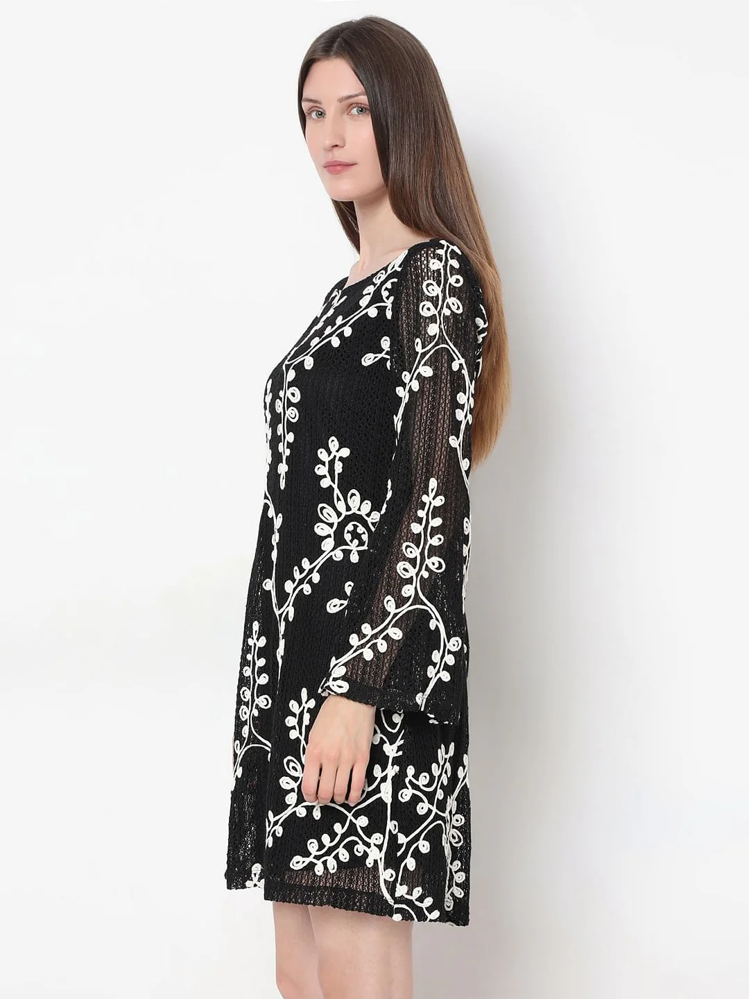 Black Embroidered Mini Shift Dress - Image 3