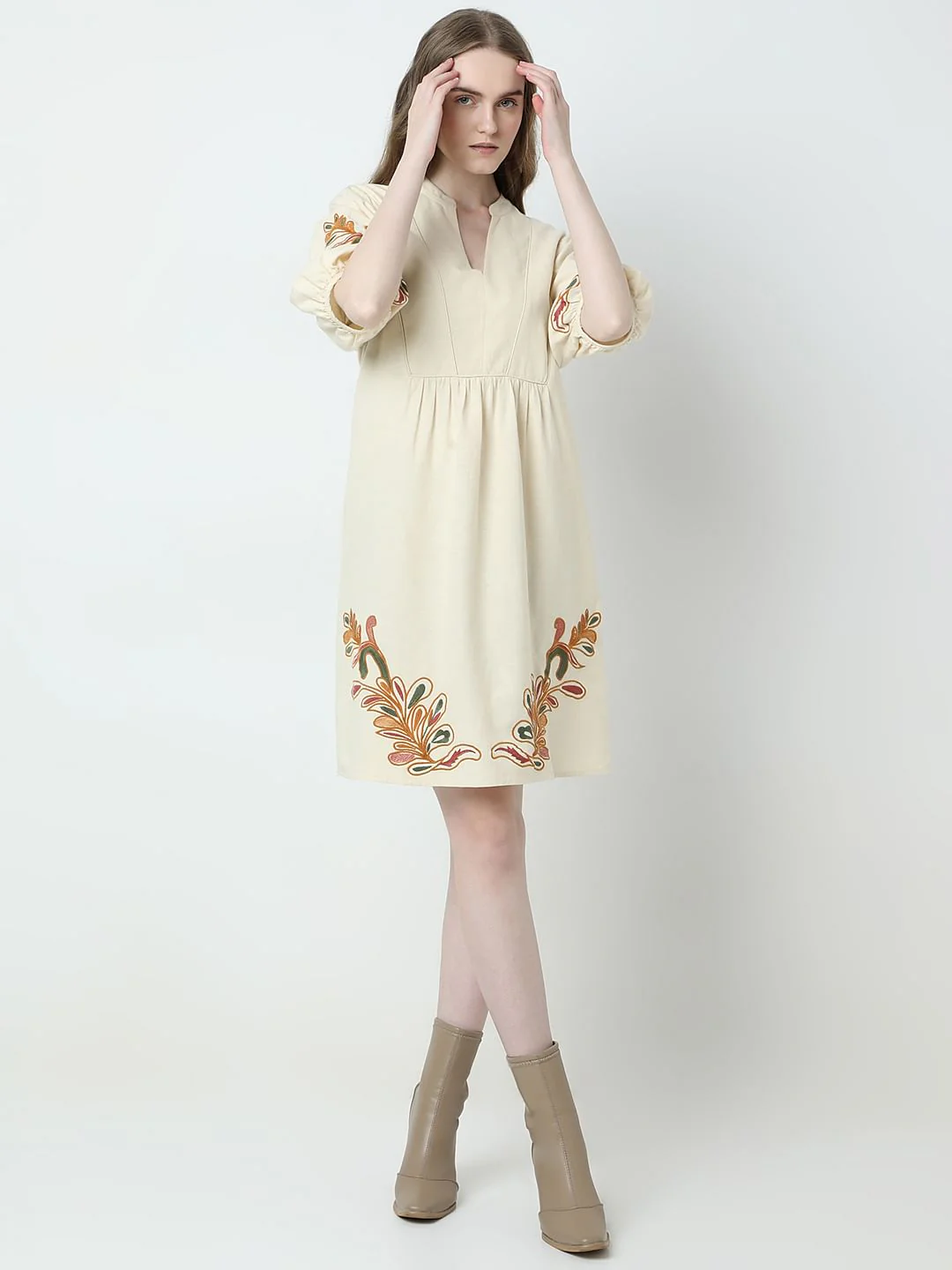 Beige Printed Mini Dress - Image 5