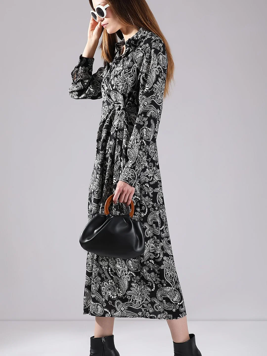 Black Paisley Print Shirt Dress