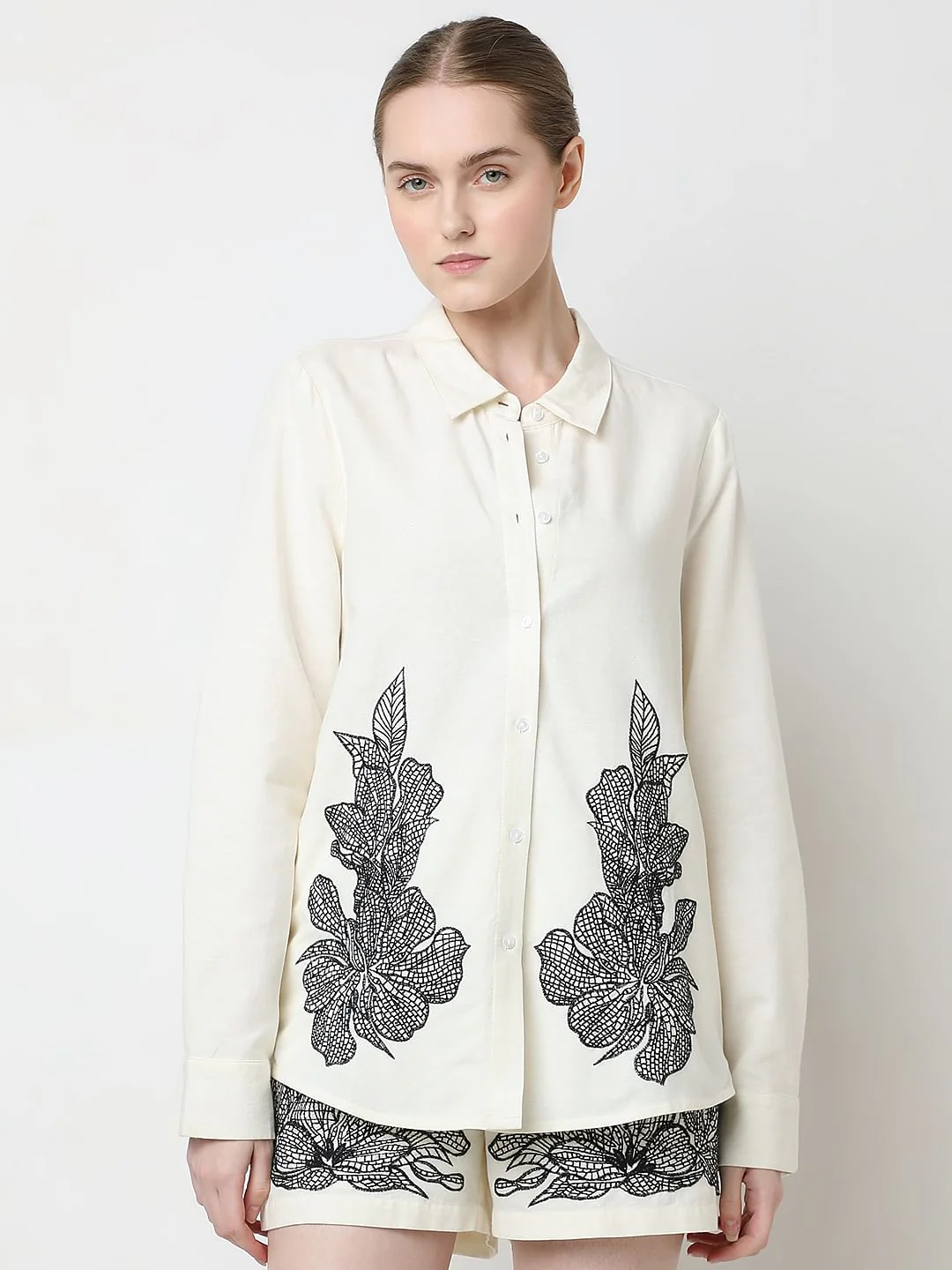 Cream Embroidered Co-Ord Set Shirt - Image 2